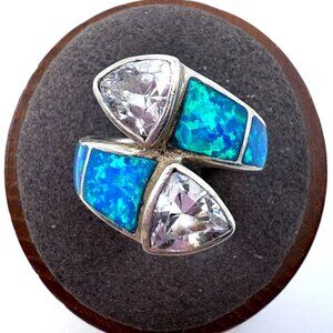 VTG Sterling Silver 925 Cubic Zirconia & Blue Opal Bypass Ring Size 6.5